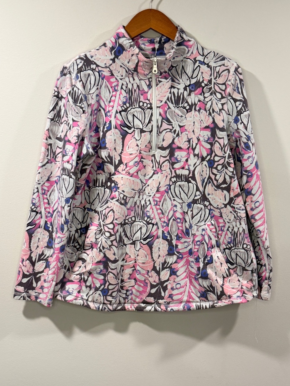Talbots Women’s Floral Half-Zip Sweatshirt in Pink, Gray & Blue Size M